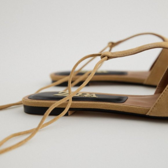 ZARA NUDE CAMEL 100% SUEDE LEATHER LACE UP POINTED FLATS - Picture 3 of 7